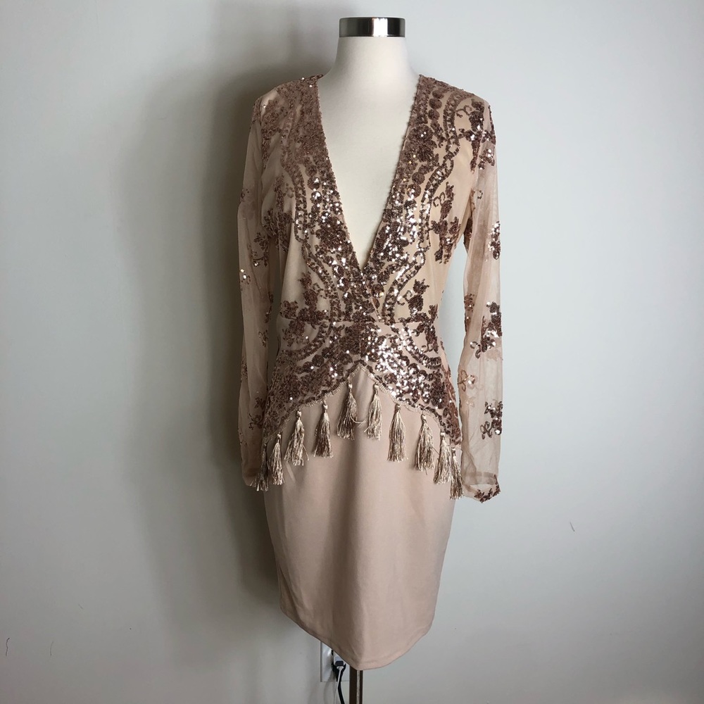 BooHoo Tall Heather Sequin & Tassel Bodycon Dress